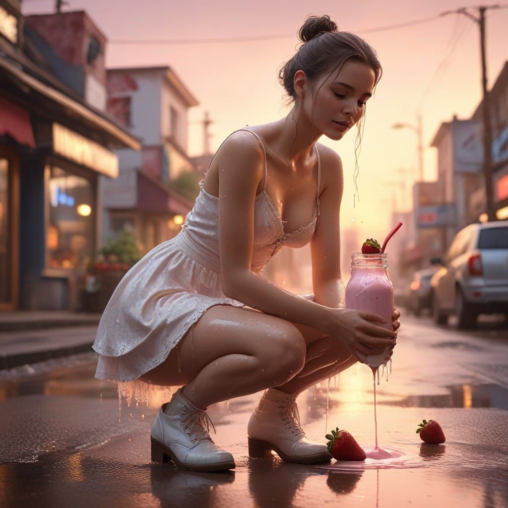 Hyper-Realistic Woman Levelling Road with Strawberry and Cho...
