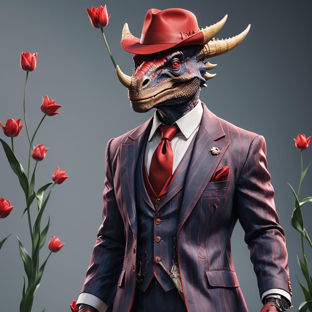 Mobster Triceratops in Red Suit: 3D Anime Art