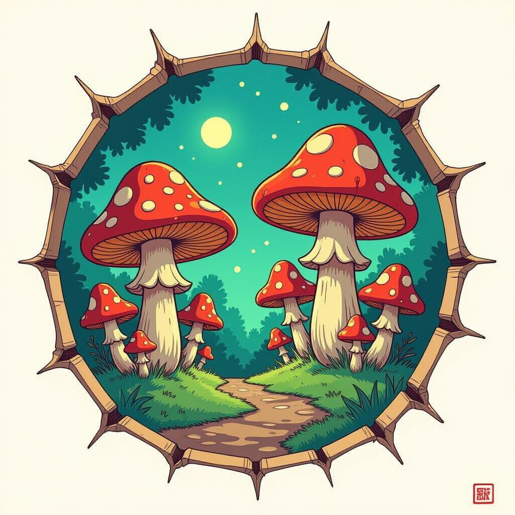 Broken Circle Frame Reveals Cartoon Mushroom Scene