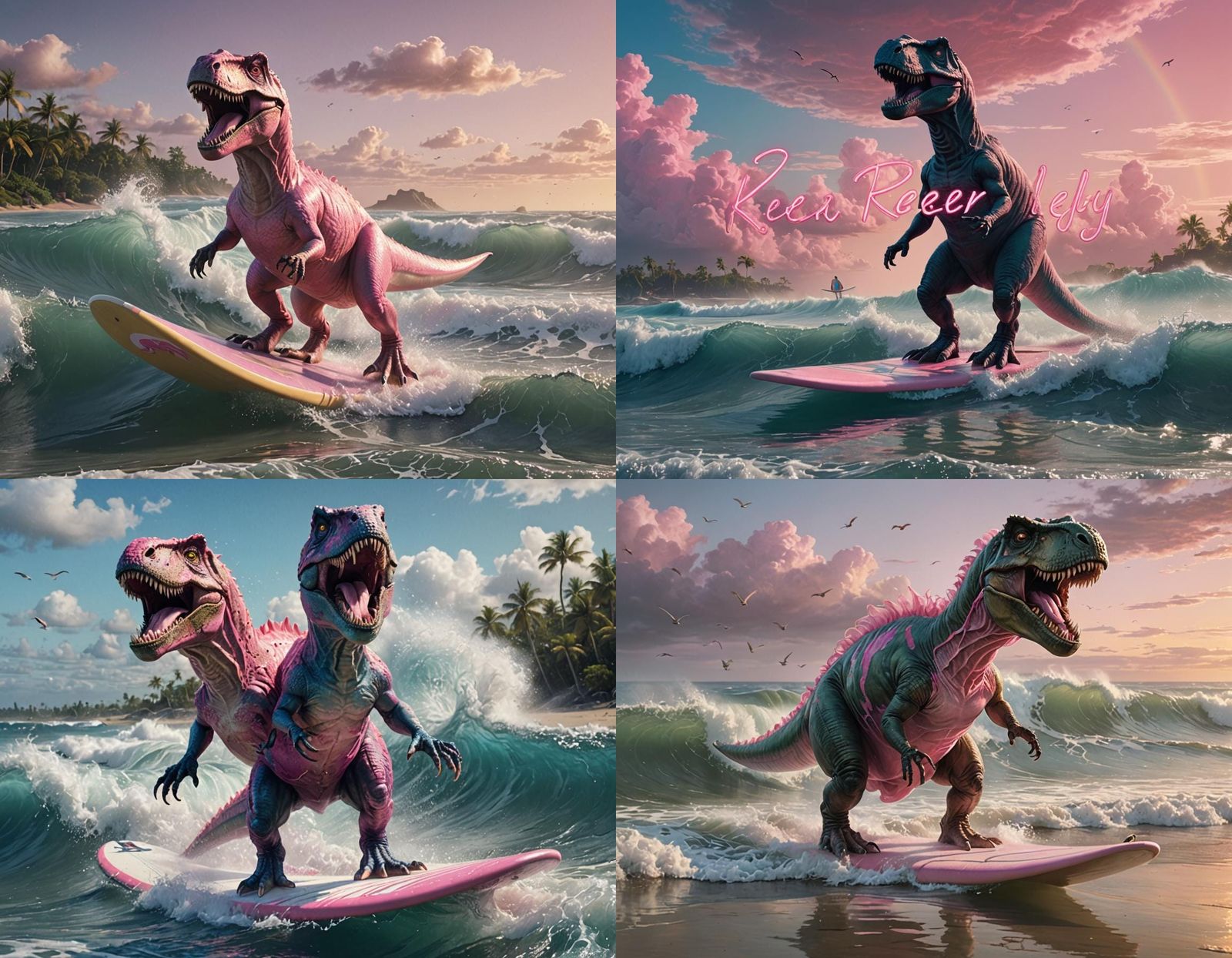 T-Rex Surfing in Tutu: Hyperrealistic Concept Art