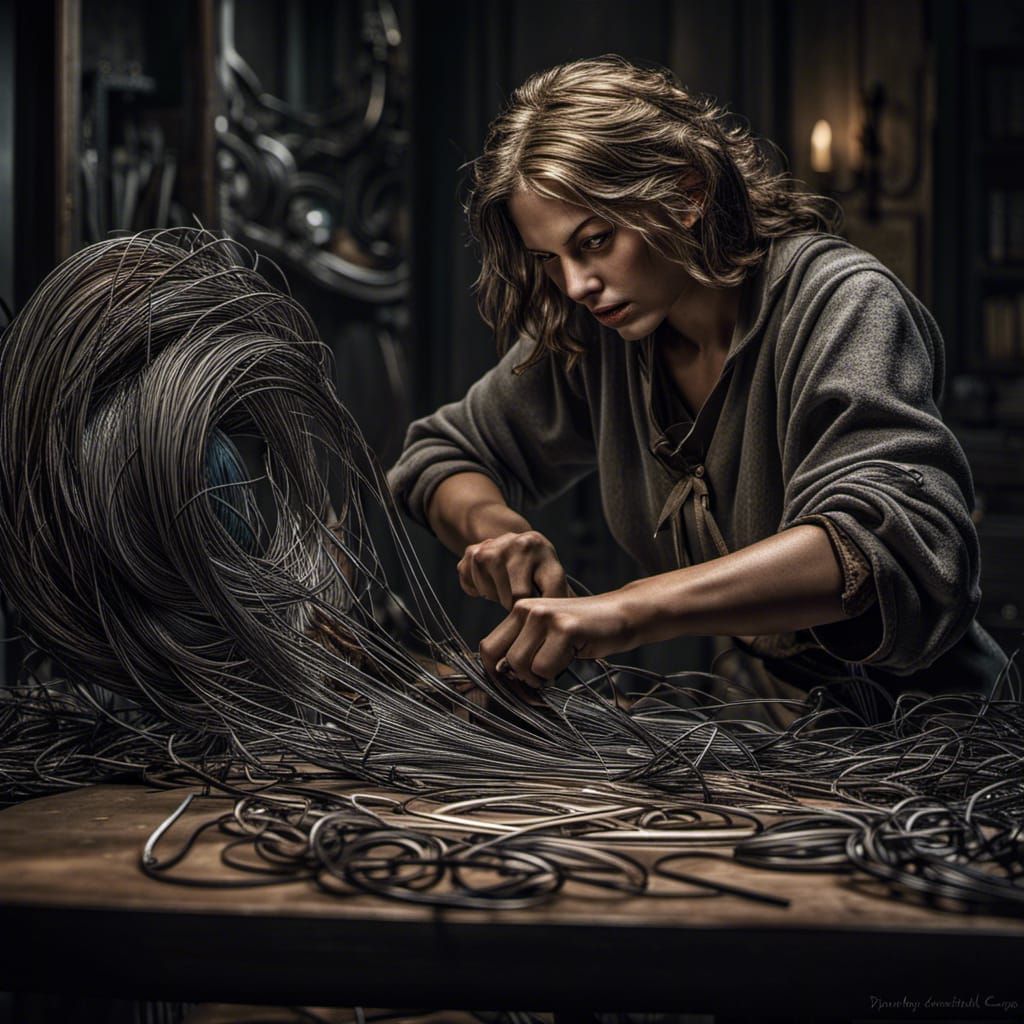 Camille Cutting Wire in Gustave Doré Style