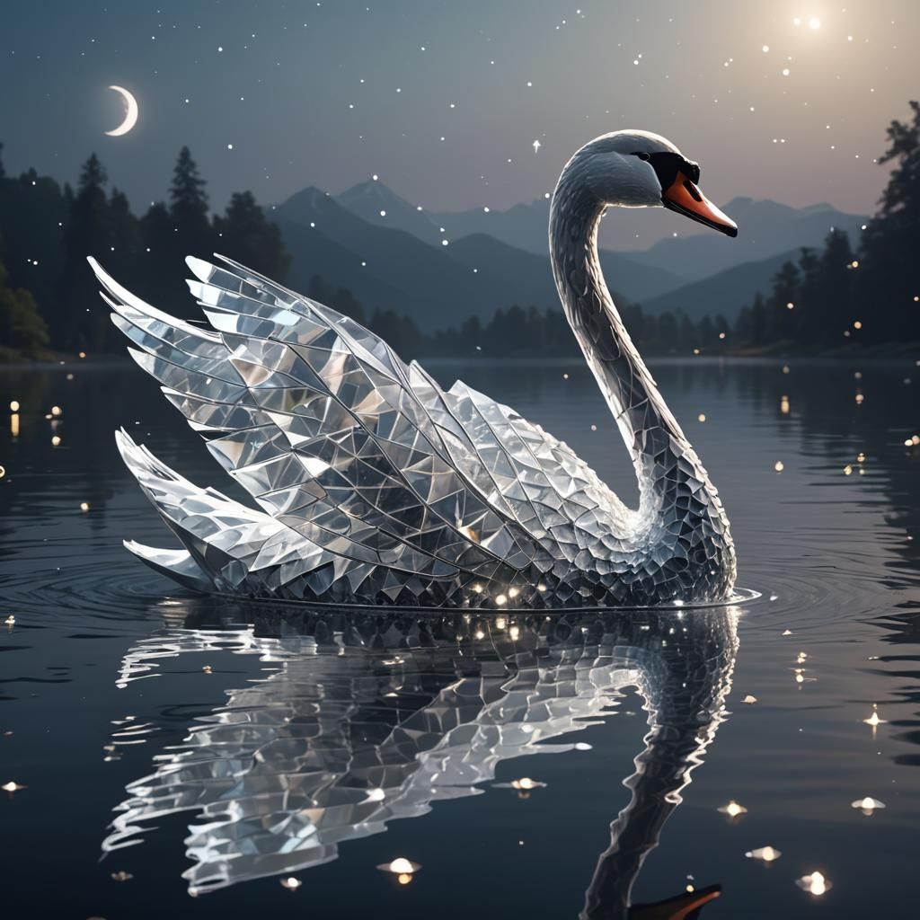 Geometric Crystal Swan Gliding on Lake at Night