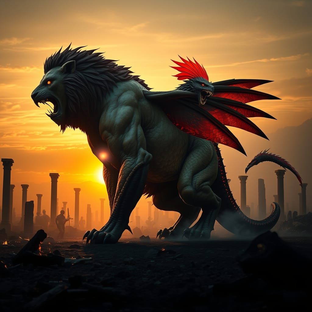 Majestic Hybrid Creature Dominates Ruined Battlefield