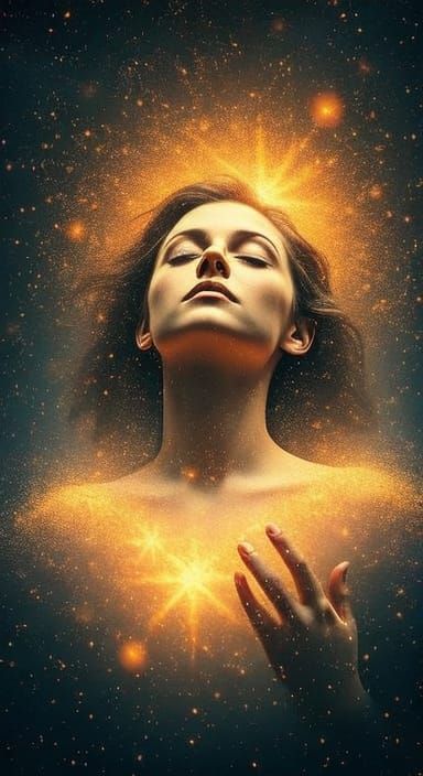 Ethereal Person Surrounded by Glowing Stardust in Cosmic Sil...