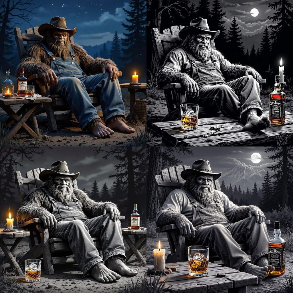 Bigfoot Relaxing at Rustic Camp in Ultra-Realistic Illustrat...