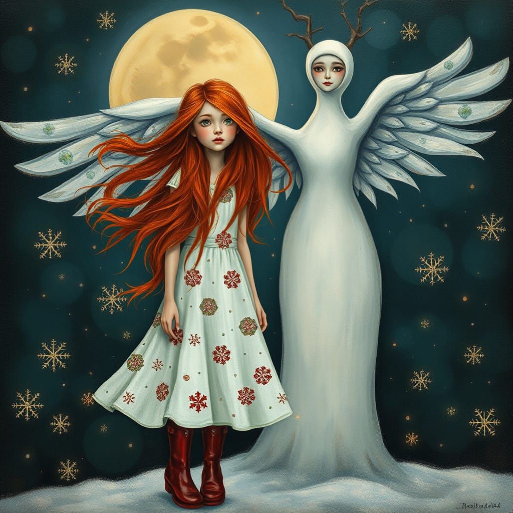 Whimsical Winter Scene in Folk Art Style