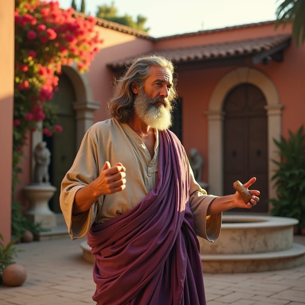 Greek Philosopher in Courtyard Oasis, Cinematic Style