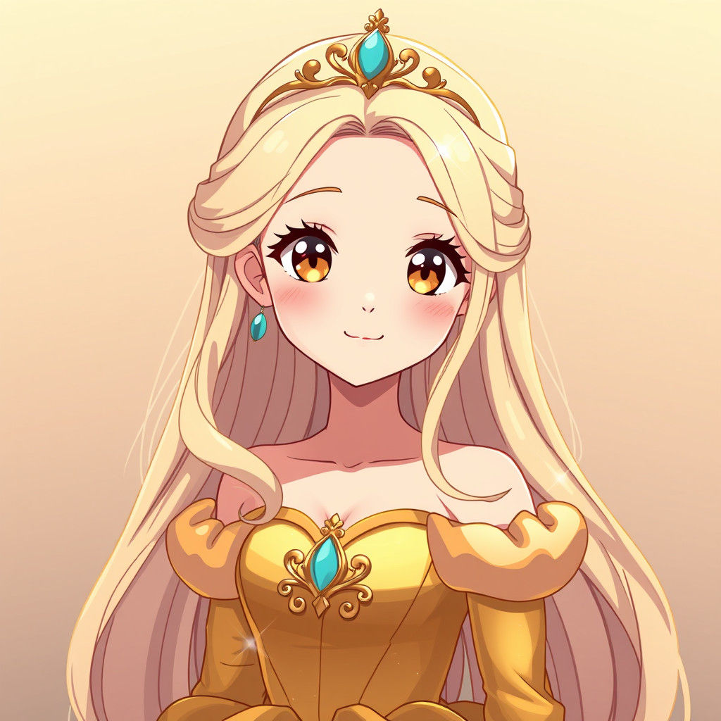 Cute Princess in Golden Gown, Anime Style