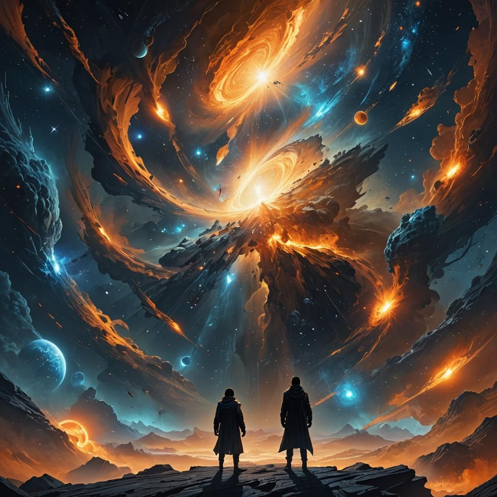 Dark Fantasy Figure Amidst Exploding Universes