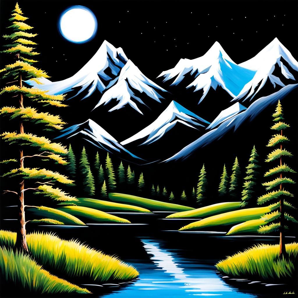 Bob Ross Style Landscape Painting on Black Canvas