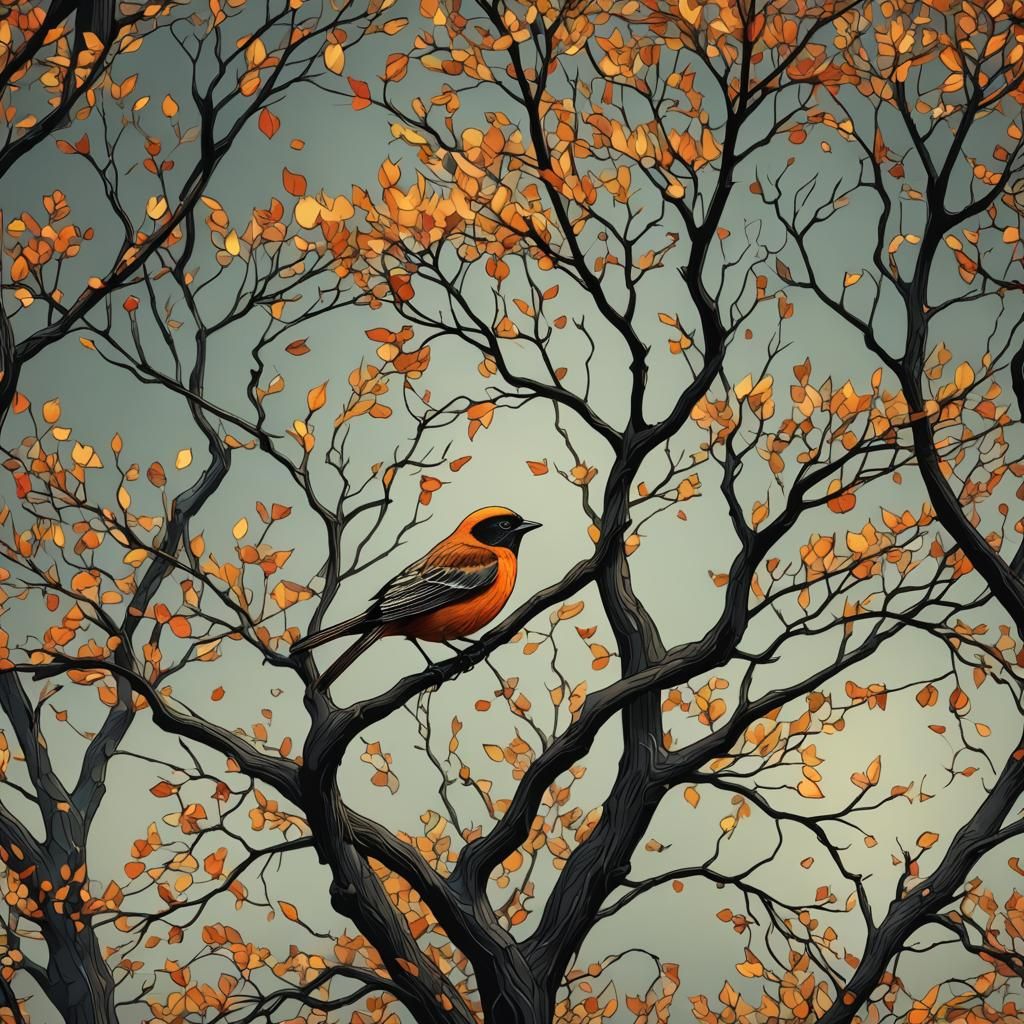 Autumn Tree Bird with Cinematic Lighting