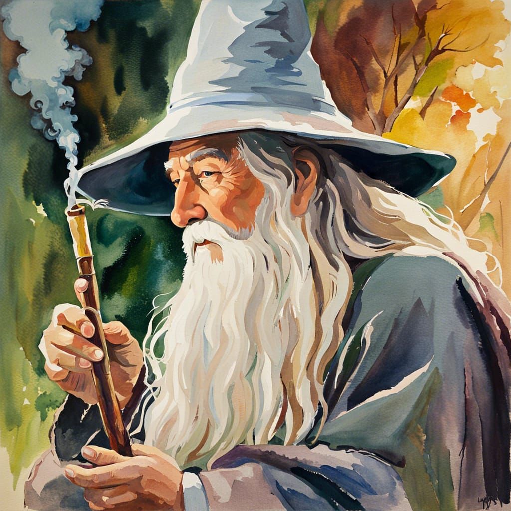 Gandalf Contemplating in Gouache Style