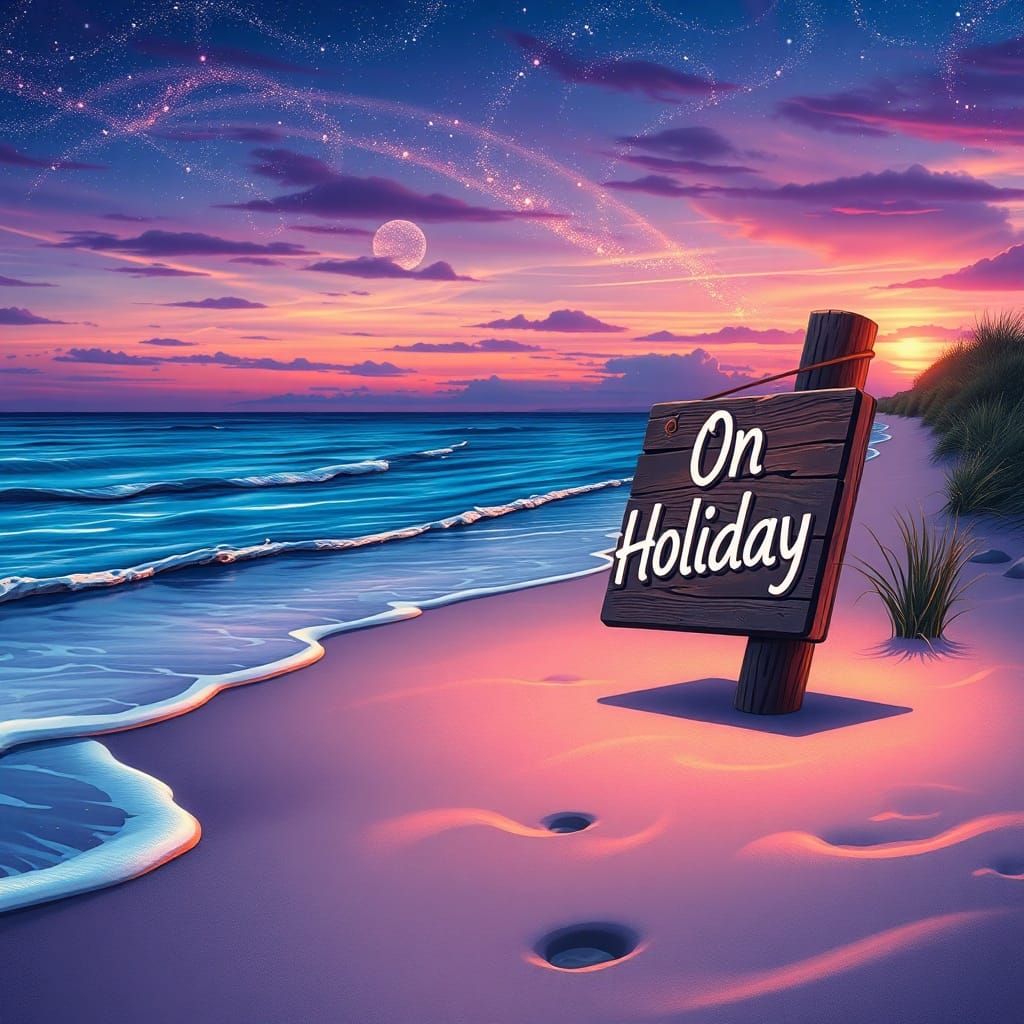 Beach Twilight "On Holiday" Sign in Holographic Astral Style