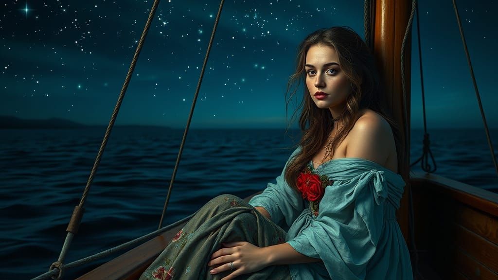 Ethereal Woman on Ship Deck in Dreamy Starry Night