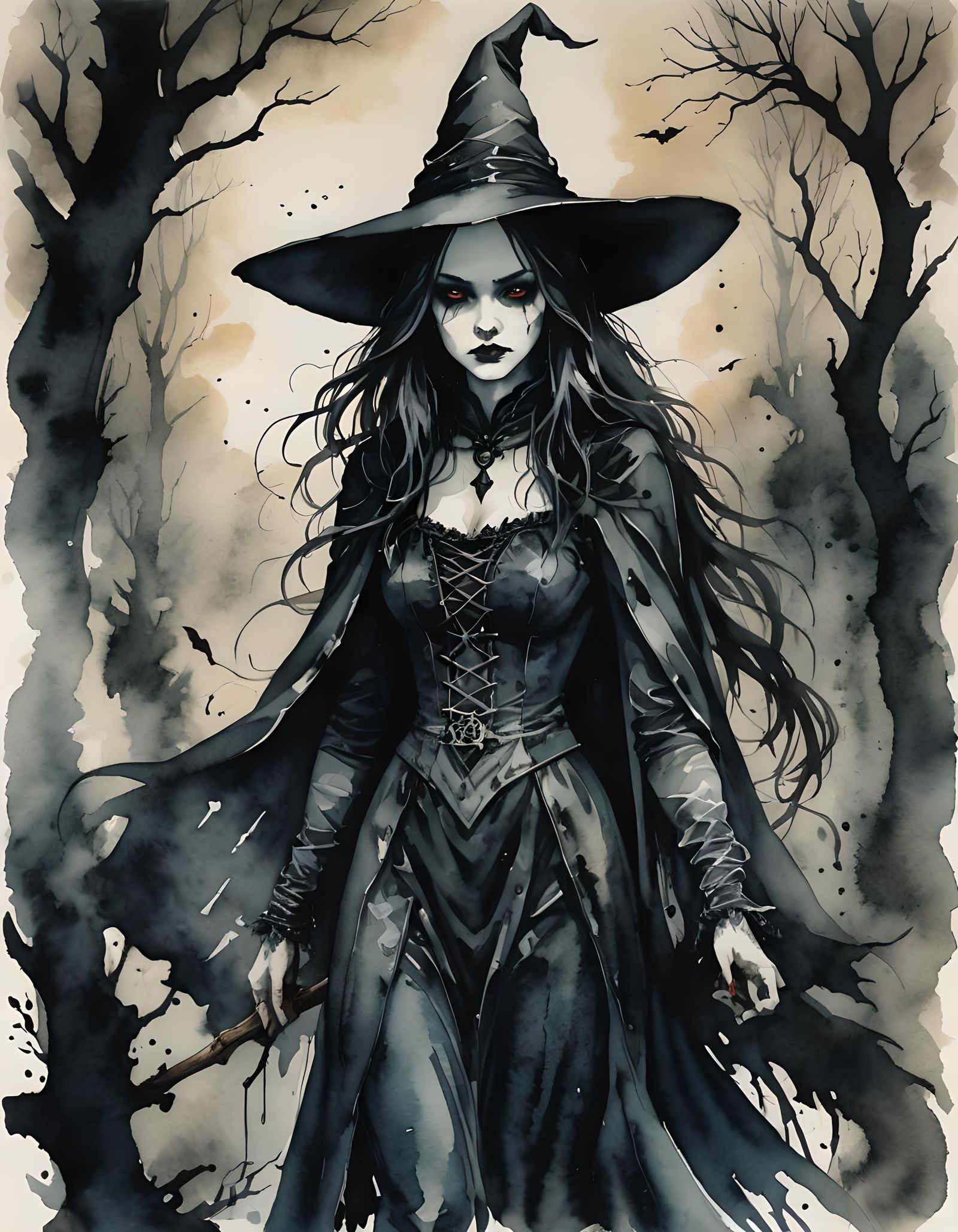 Moody Gothic Witch in Dark Watercolor Style