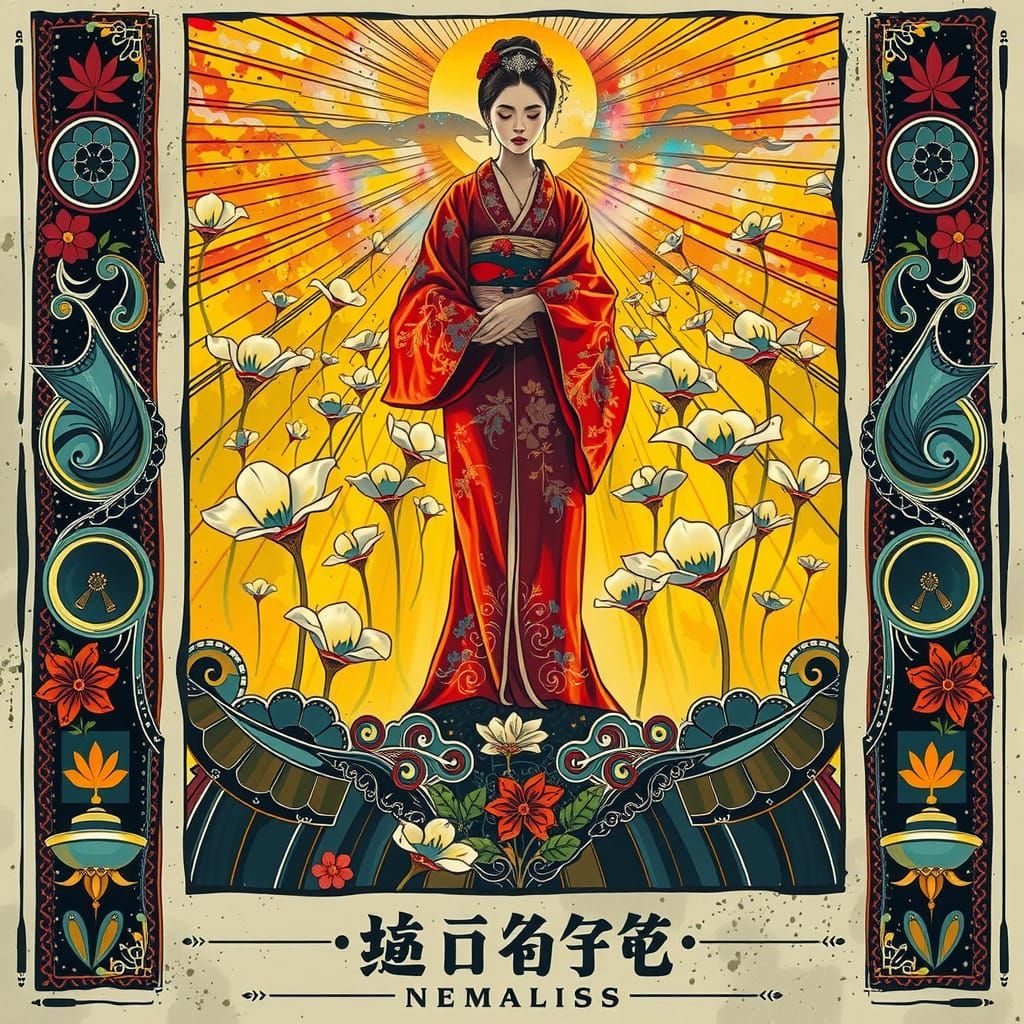 Elegant Geisha in Luminous Field, Romantic Style