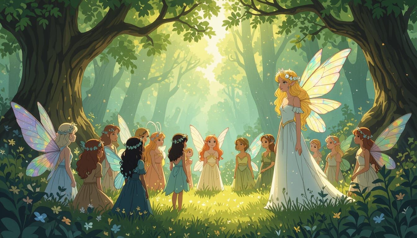 Diverse Fairies in Sun-Dappled Forest, Whimsical Storybook S...