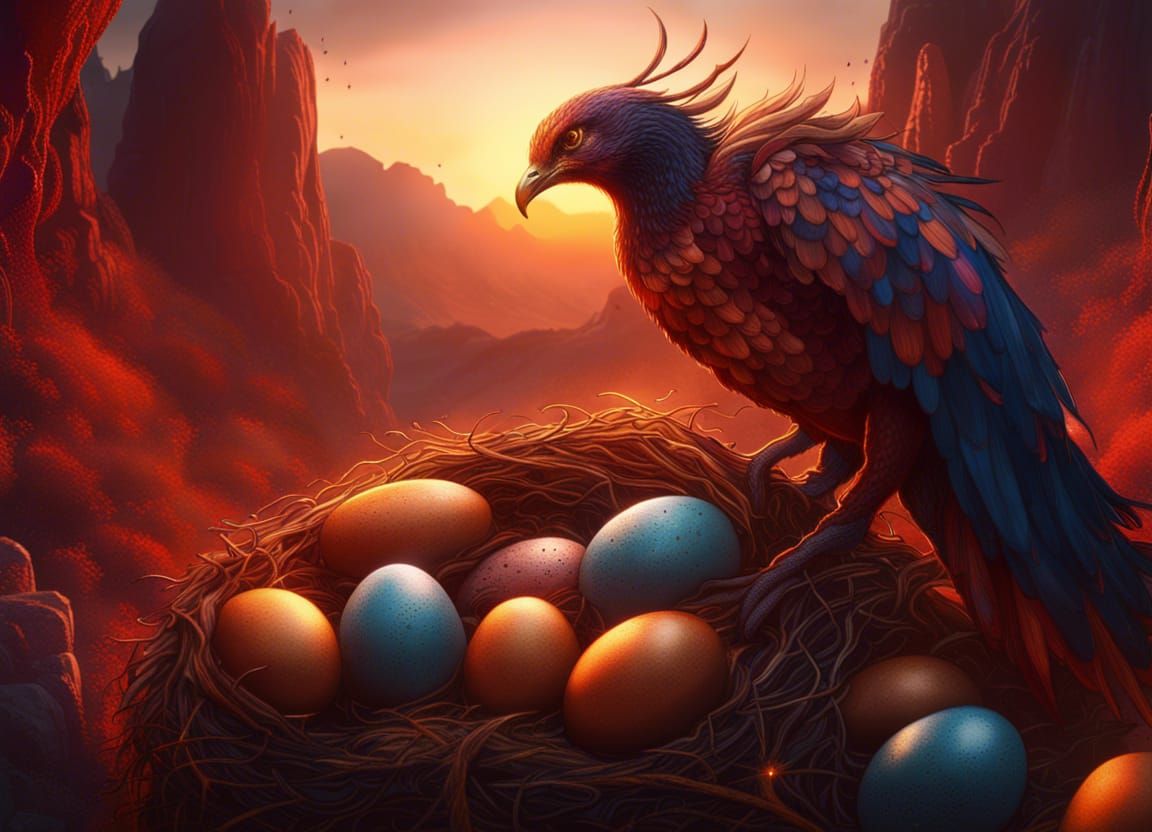 Phoenix Mother Protecting Nest at Sunrise
