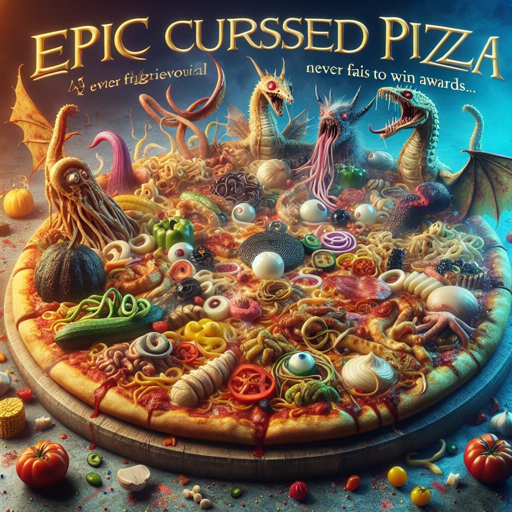 An epic cursed pizza with strange toppings