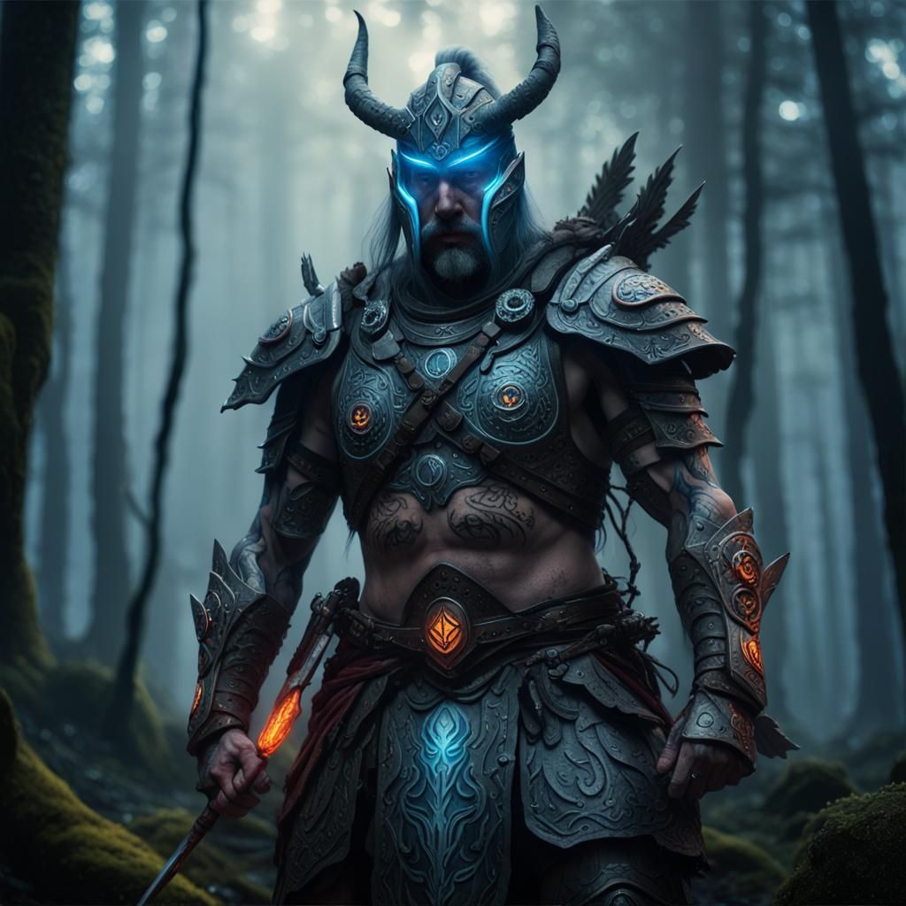 Mystic Warrior in Dark Forest: Hyper-Realistic Fantasy