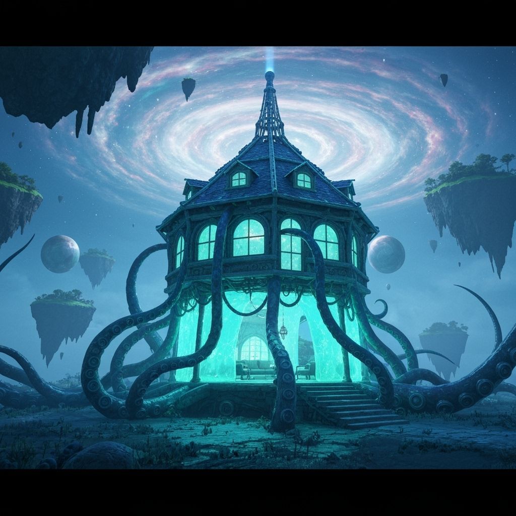 Biomechanical House in Foggy Void: Surreal Dreamscape