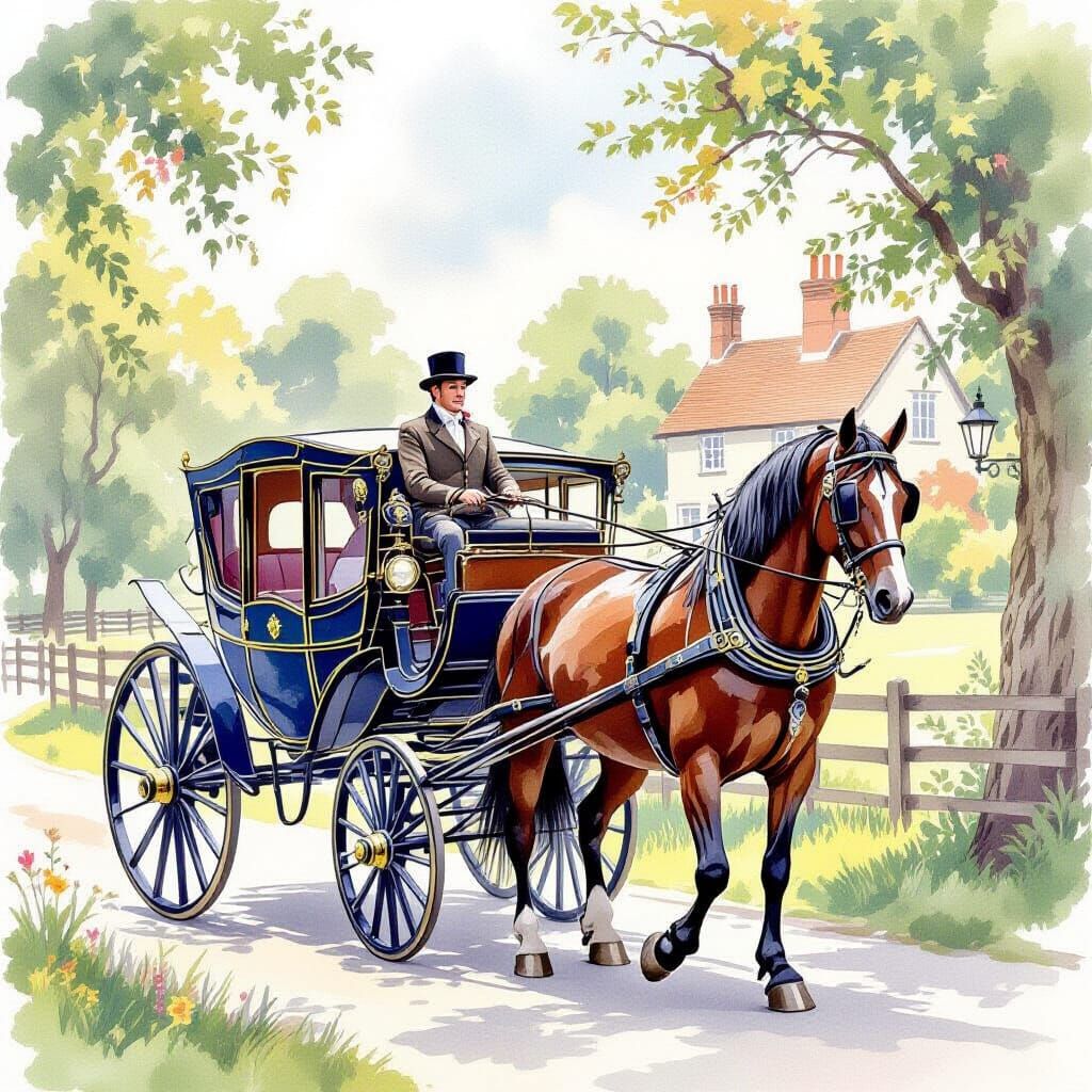 Old Horse and Carriage in Ornate Watercolour Illustration