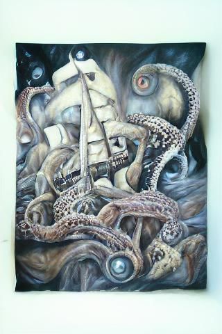 Octopus Investigates Shipwreck in Detailed Oil Painting
