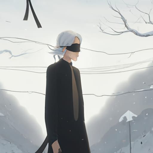 Anime Key Visual of Blindfolded Man in Ghibli Style