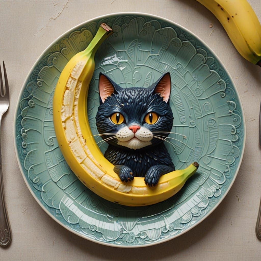 Whimsical Banana Cat on Saucer Plate