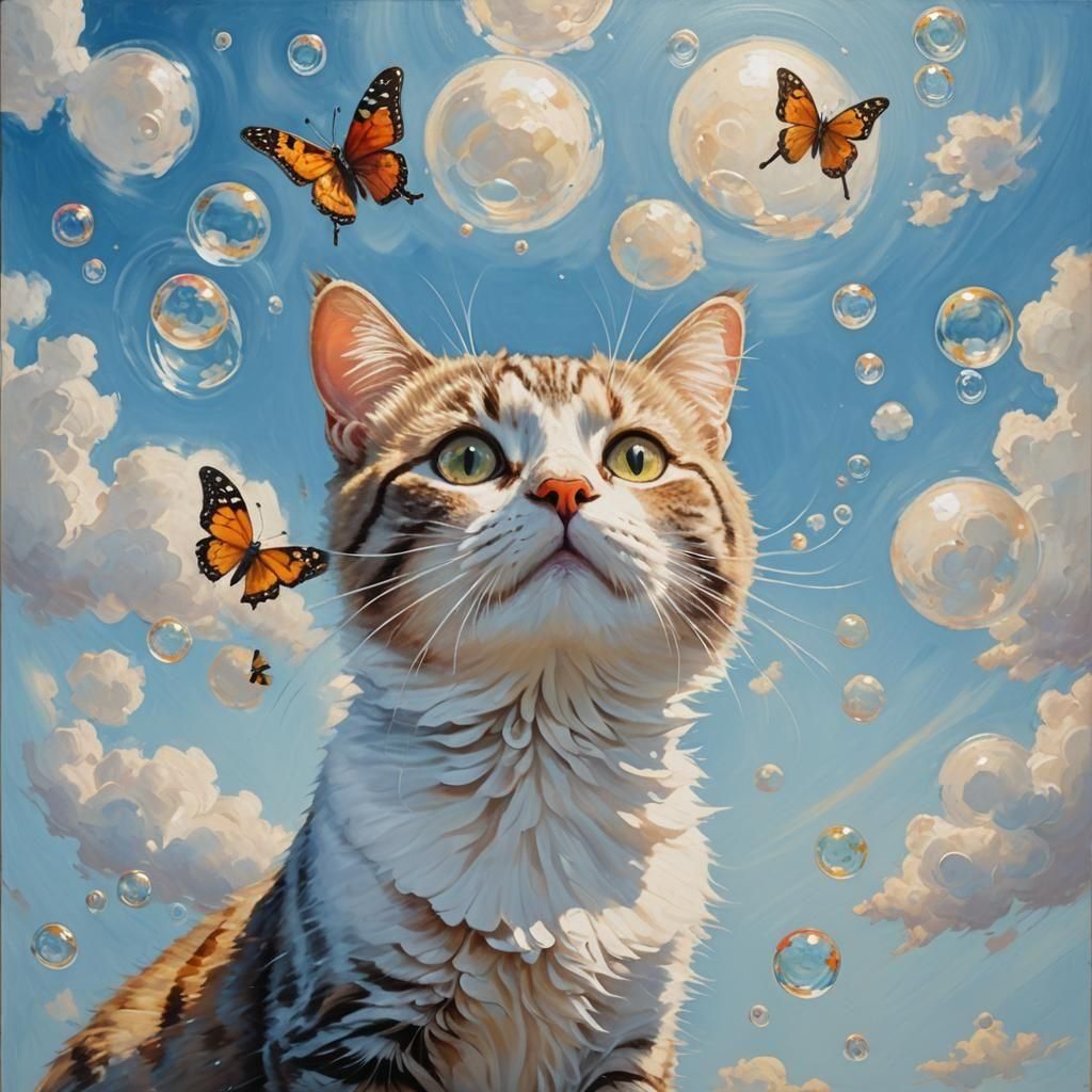 Cat with Butterfly in Oil Painting Style