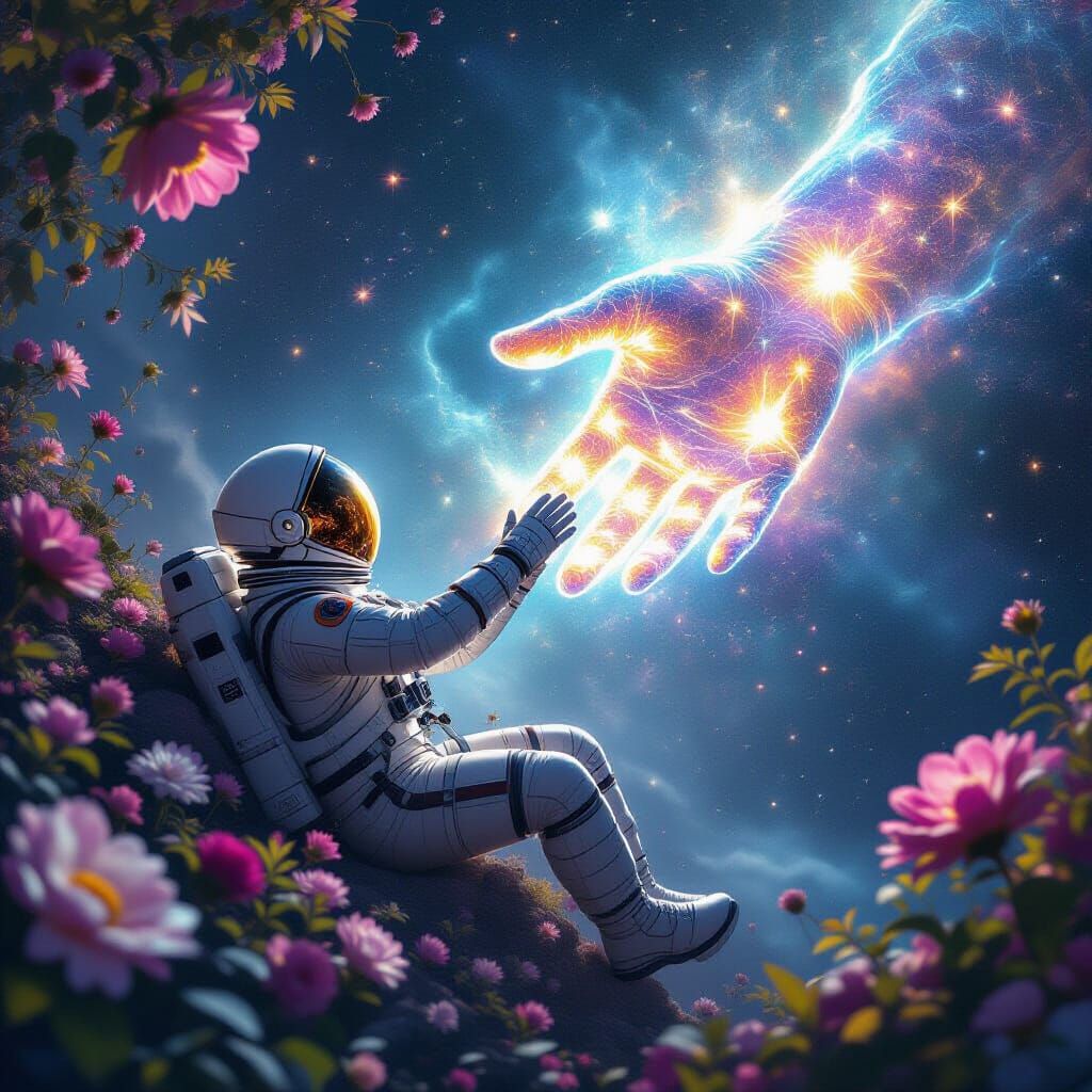 Astronaut Reaching for Cosmic Hand in Space
