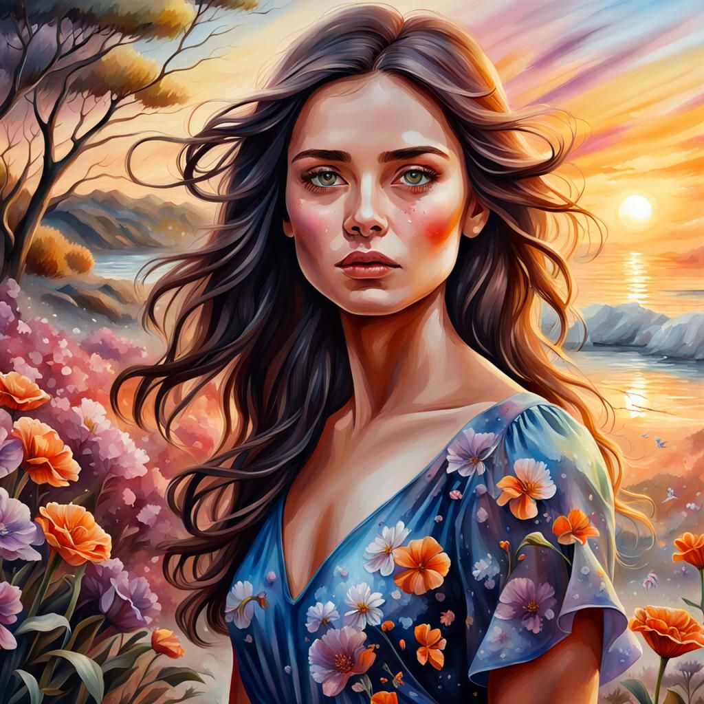Fantasy Hyperrealism: Beautiful Woman on a Sunset Beach