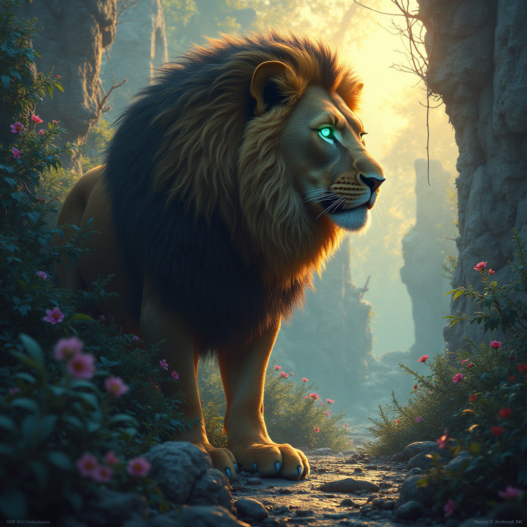 Regal Lion in Mystical Fantasy Landscape