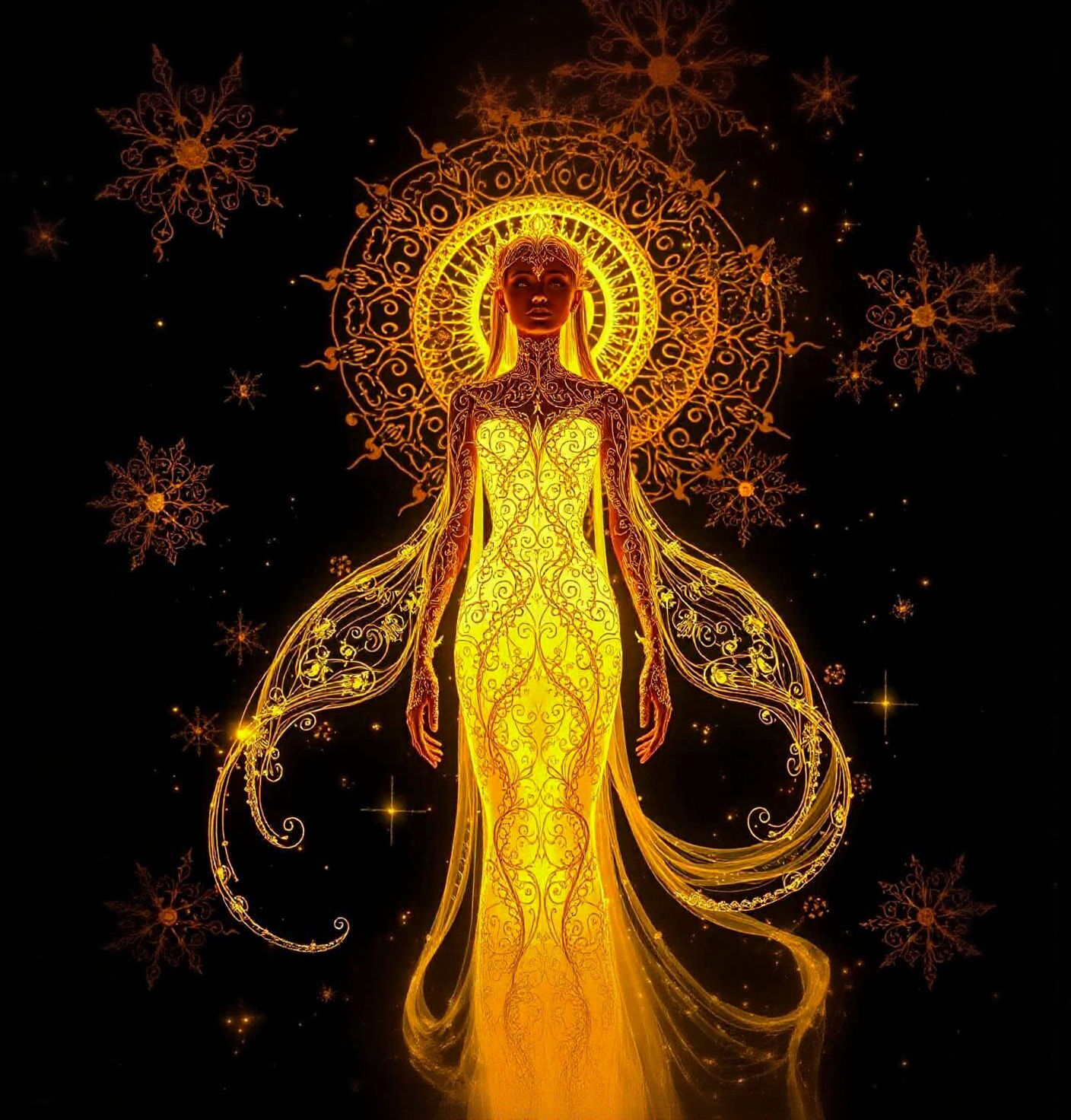 Ethereal Bioluminescent Maiden with Golden Filigree