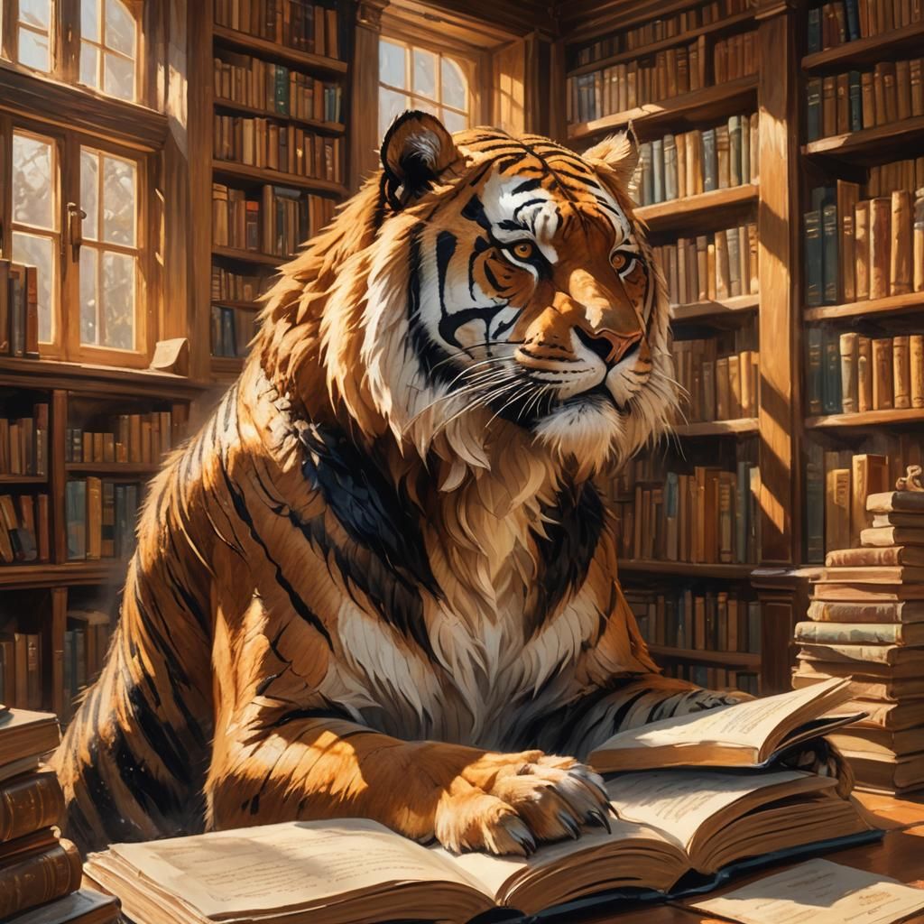 Sabre-Toothed Tiger Reads in Impressionistic Library
