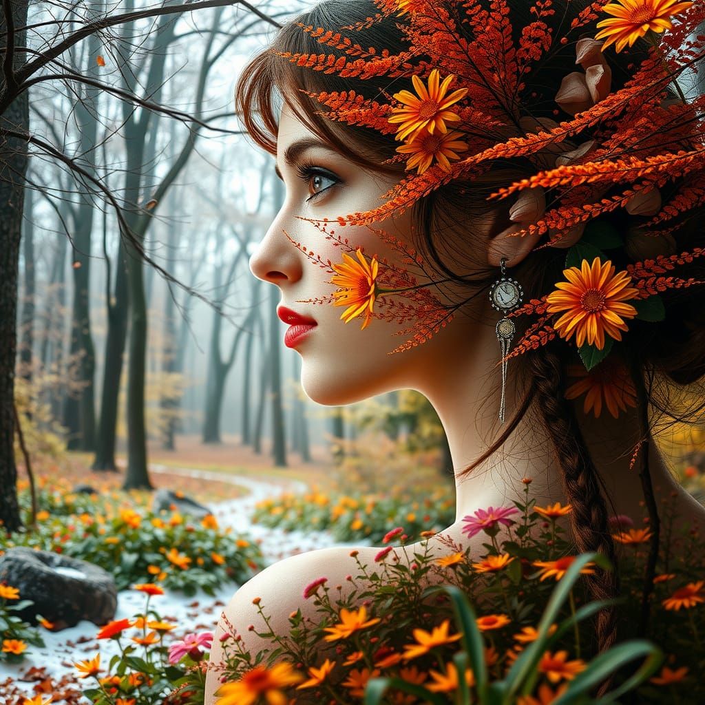 Art Nouveau Woman in Double Exposure Forest