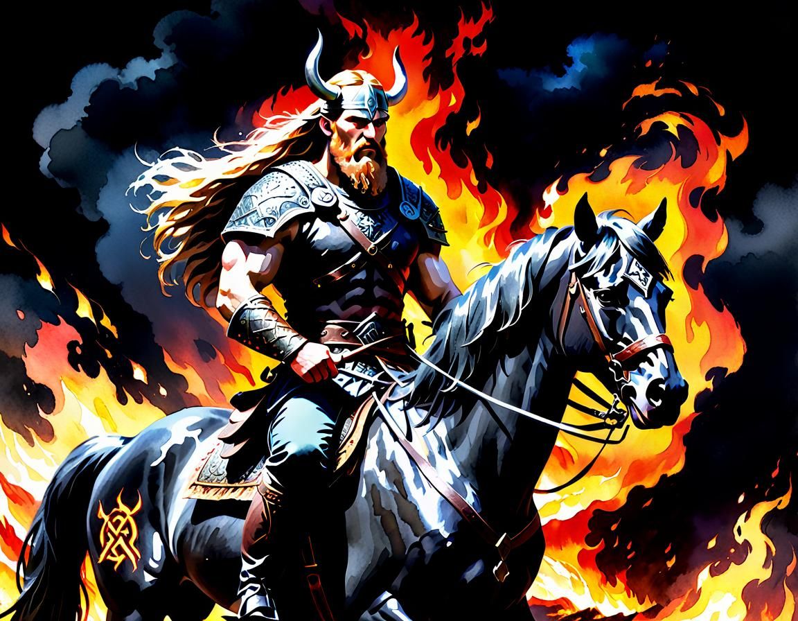 Viking Warrior on Horseback in Watercolour Style