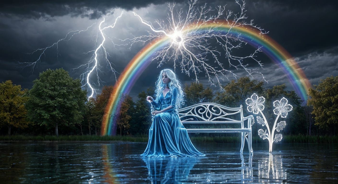 Blue Glowing Girl Reads Book on Transparent Bench