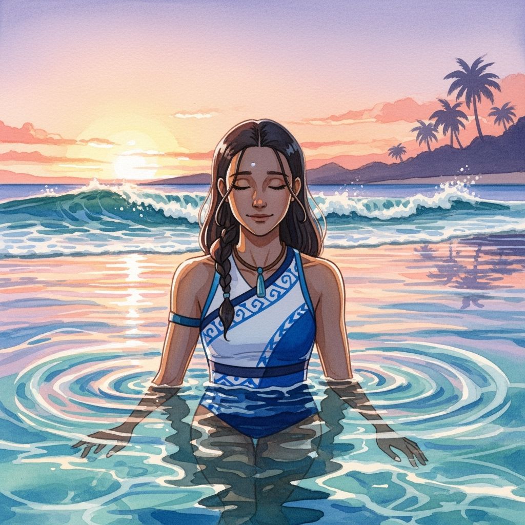 Katara in Watercolor Swimsuit on Tranquil Beach