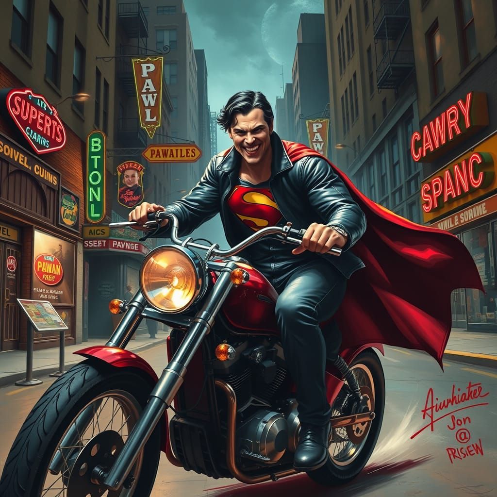 Superman as Joker on Chrome Chopper, Gothic Comic Art