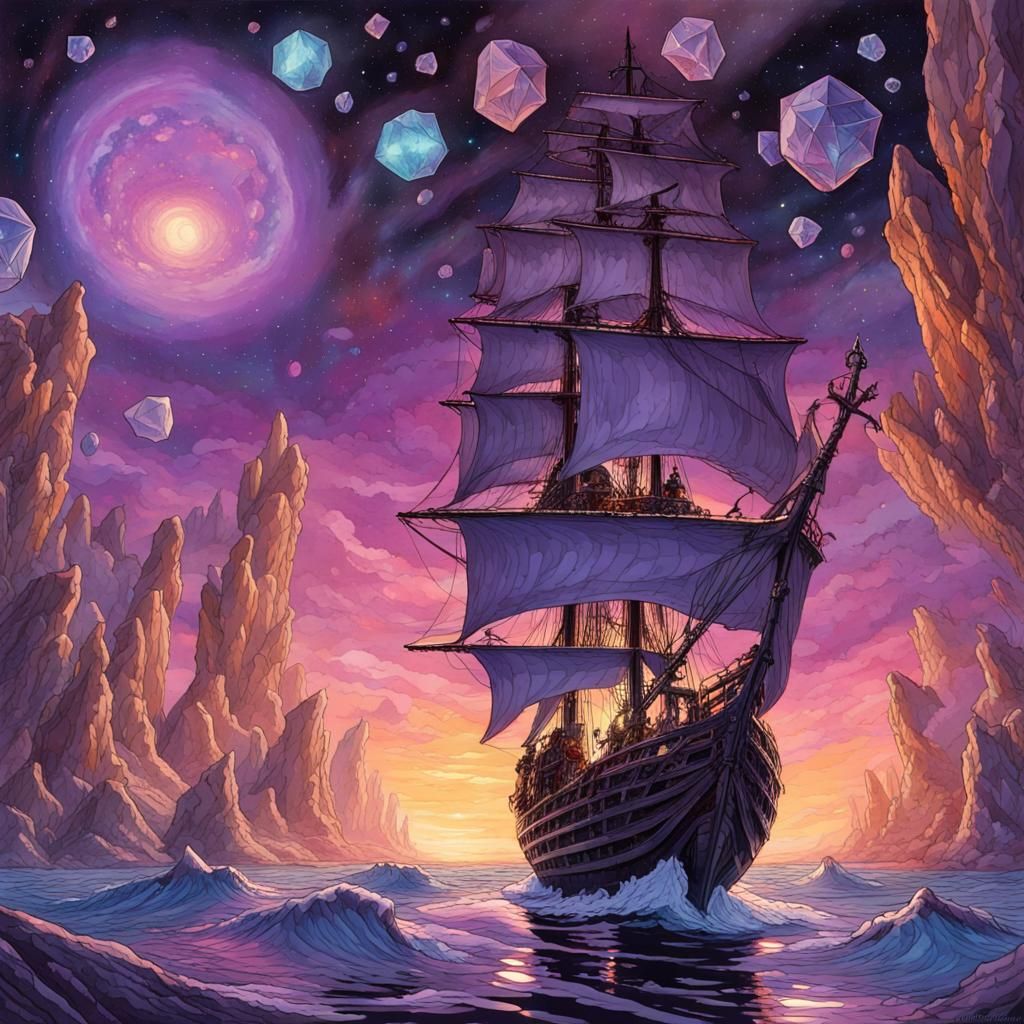 Cosmic Pirate Ship Sailing Among Giant Crystals