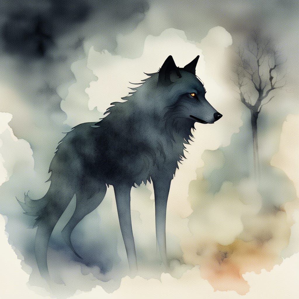 Ethereal Shadow Wolf in Misty Watercolor Illustration