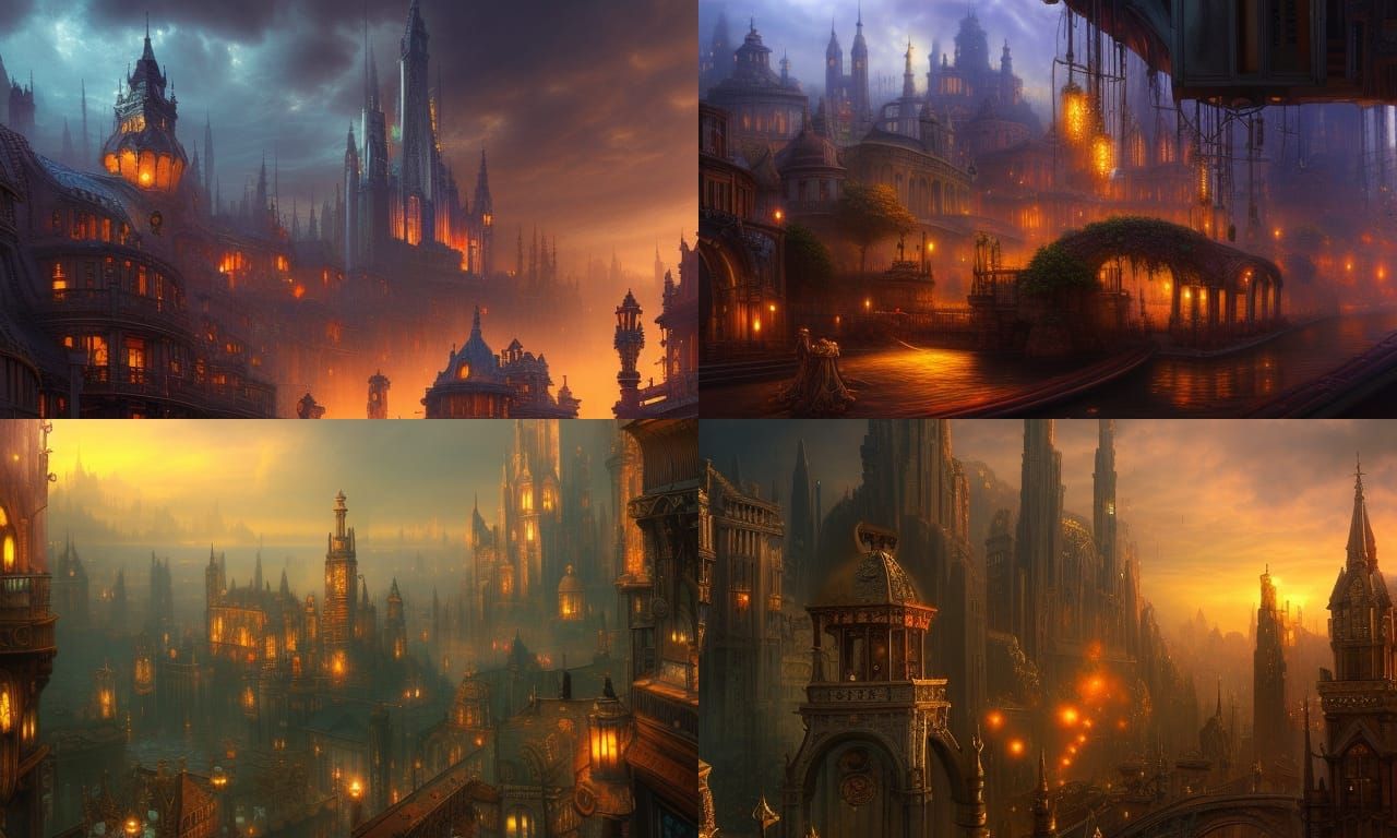 Steampunk City Sunset: Detailed Matte Painting