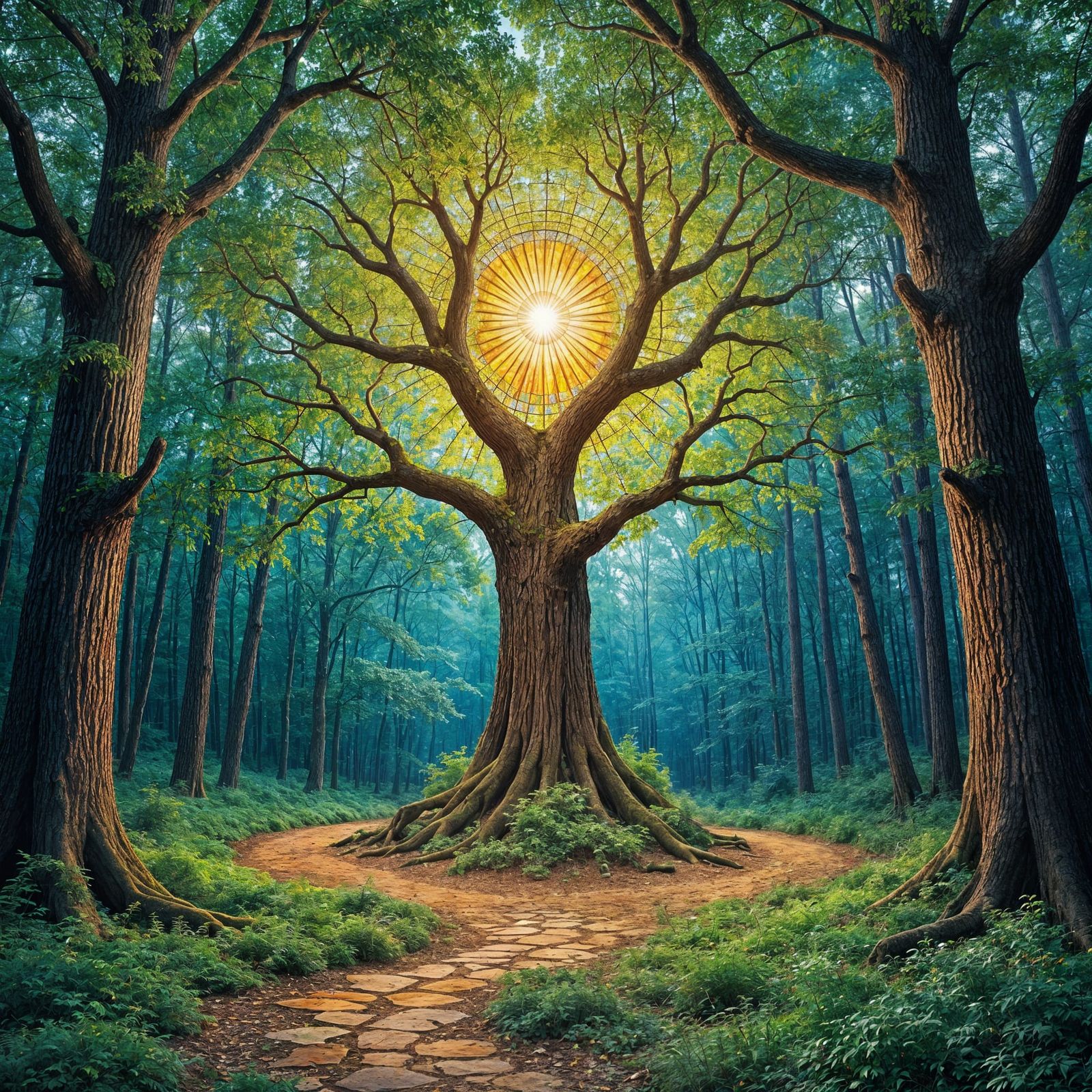 Stained Glass Holy Tree in Cathedral Artwork