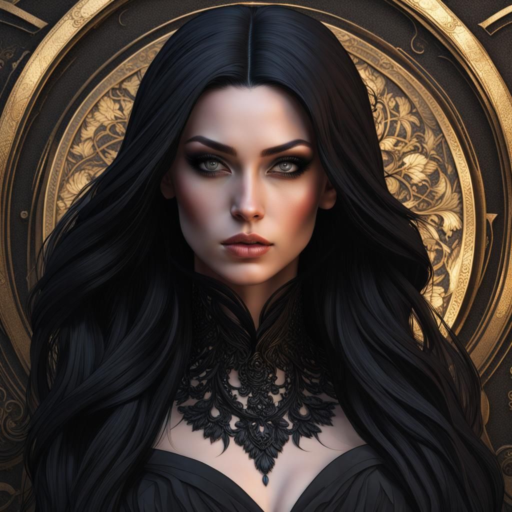27 year old woman with long black hair :: in a fancy black goth dress :: chiseled face :: portrait :: highly intricate a...