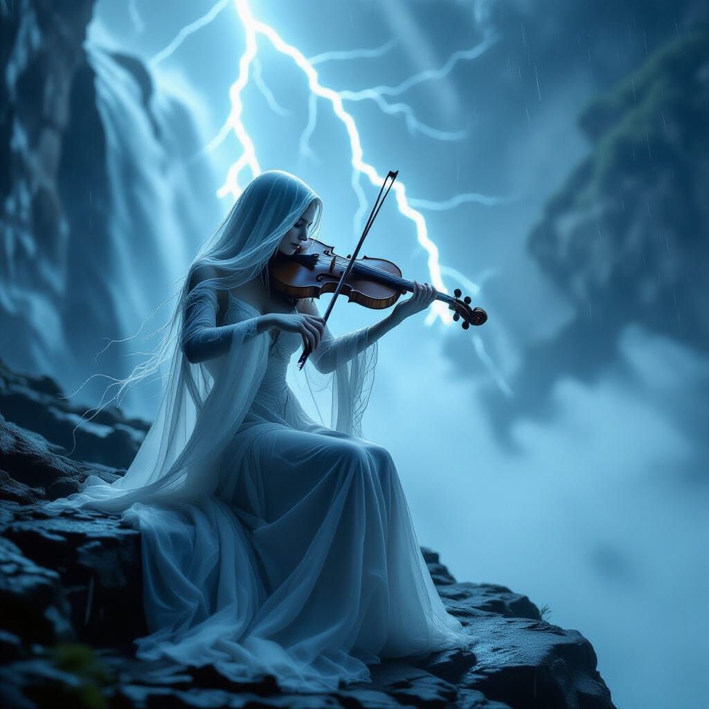 Ghostly Violinist on Stormy Cliffside