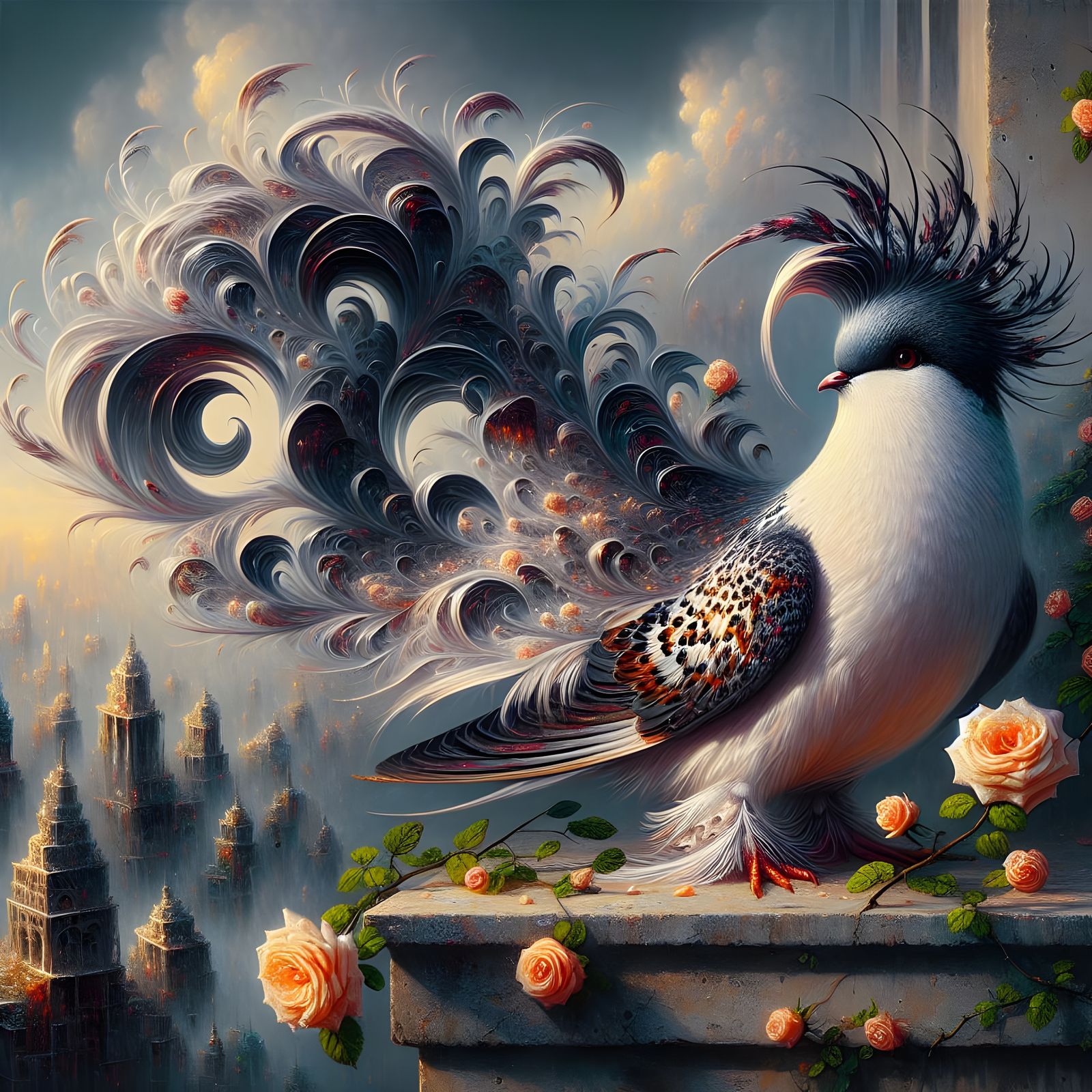 Fairy Pigeon with Flaring Feathers on City Ledge