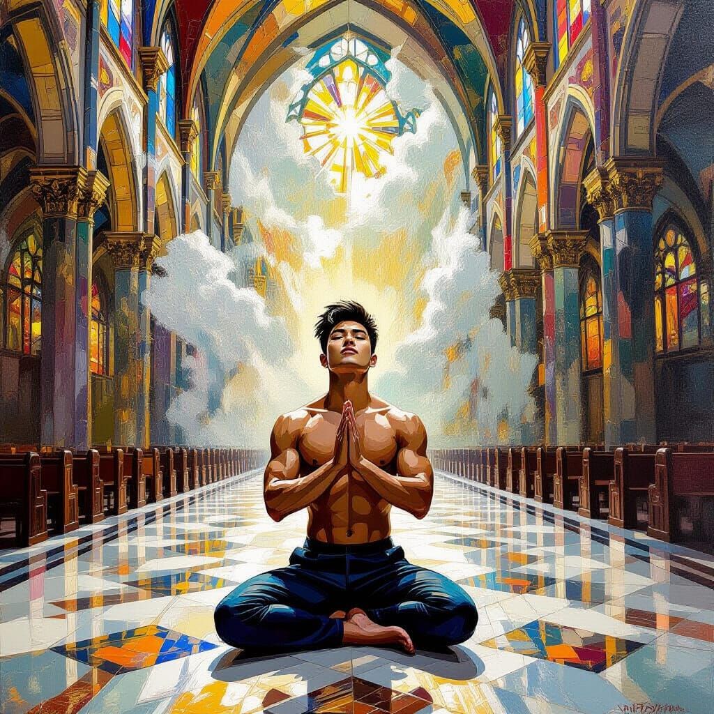 Man Kneeling in Celestial Cathedral Neo-Impressionist Oil Pa...