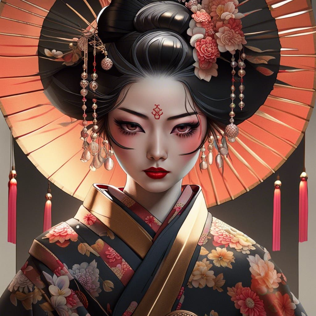 Beautiful Geisha with Ornate Fan in Hyperrealistic Style