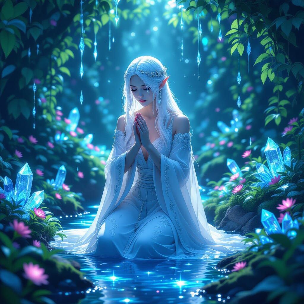 Celestial Being Weeping in Bioluminescent Garden